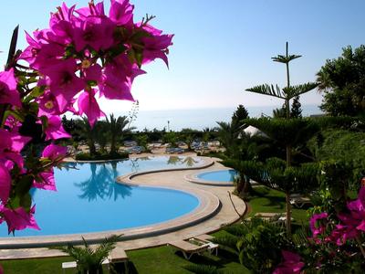 Vista de una piscina de hotel con flores rosas en flor en primer plano y el mar al fondo.