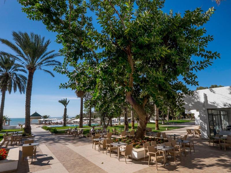 Venkovní restaurace s stolky pod velkými stromy a výhledem na moře za jasné oblohy.