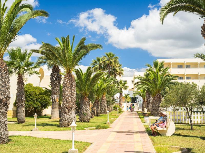 Sentiero fiancheggiato da palme in una zona alberghiera soleggiata sotto un cielo blu con nuvole bianche.