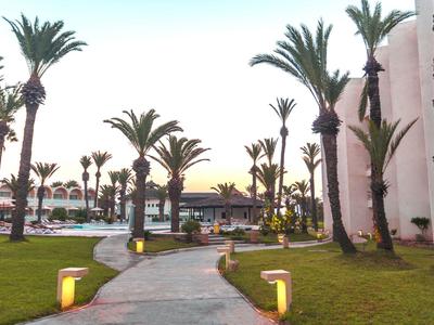 Palmen gesäumter Weg in einem tropischen Garten mit beleuchteten Laternen und Gebäuden im Hintergrund.