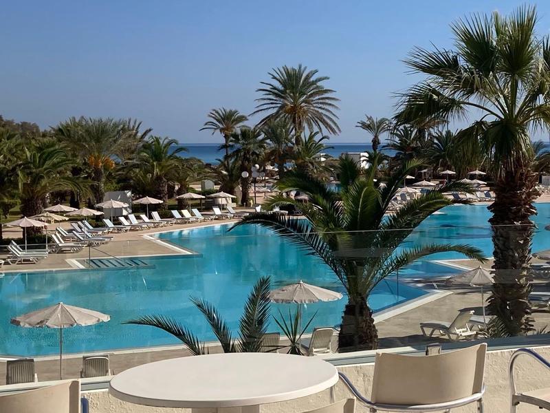Grand espace piscine avec palmiers, chaises longues et vue sur la mer sous un ciel dégagé.