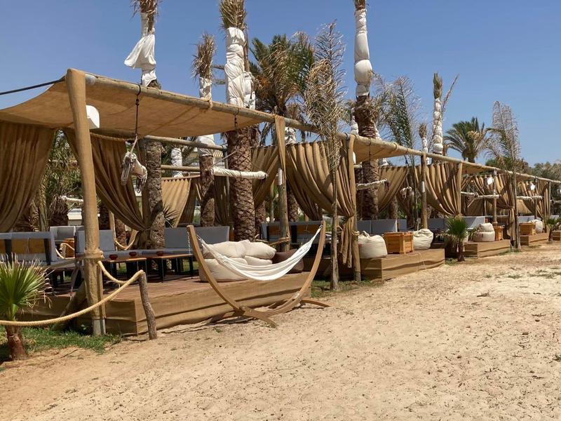 Chaises longues de luxe avec auvents et hamacs près des palmiers sous un ciel dégagé.