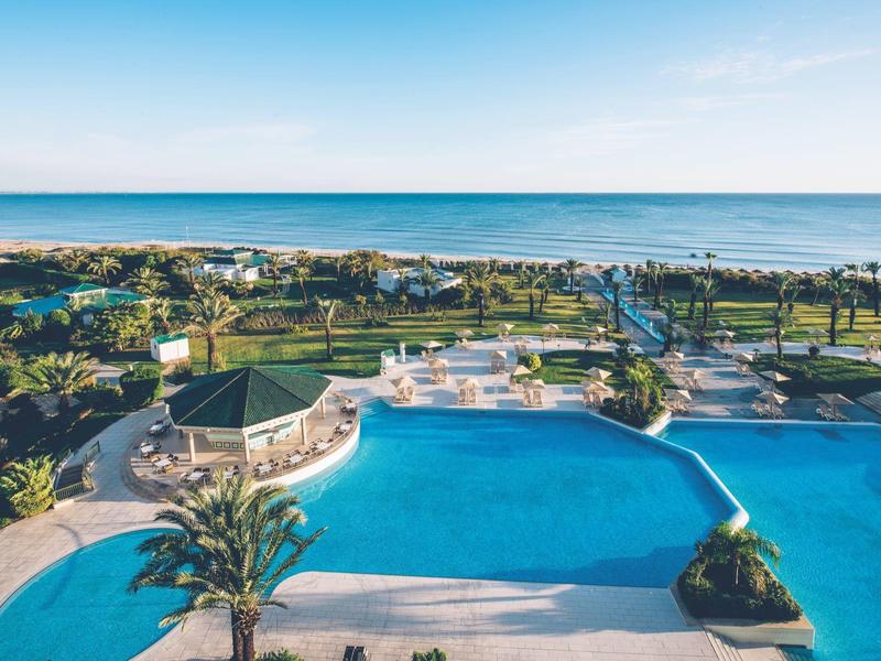 Großer Außenpool mit Palmen und Blick auf das Meer in einem Hotelresort.