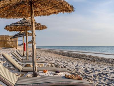 Beach with lounge chairs and straw umbrellas near calm sea.