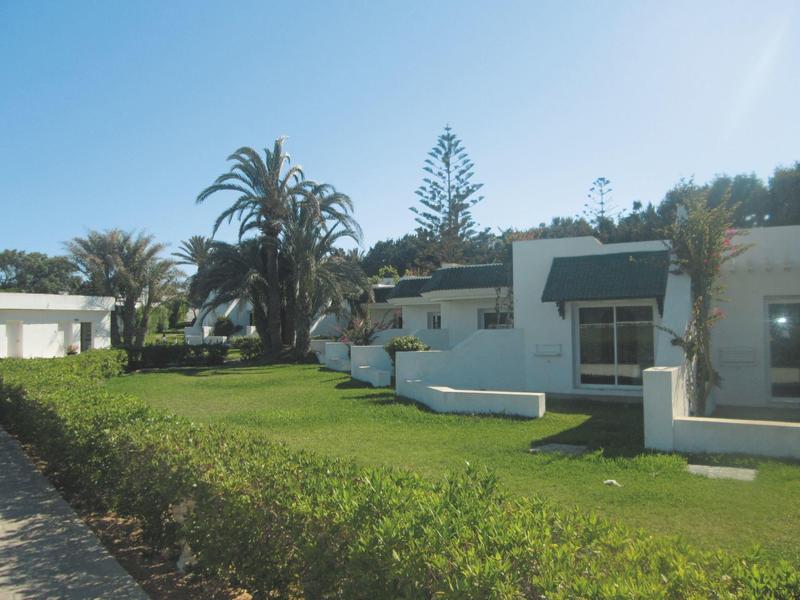 White building with lawn and palm trees under a blue sky.