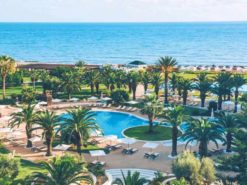 Pool area with umbrellas and loungers in front of the sea and tropical palm trees