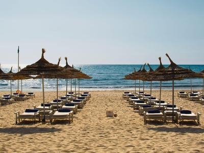 Leeg strand met ligstoelen en parasols bij rustige zee