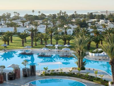 Groot hotelzwembad met palmbomen en uitzicht op zee en groene tuin