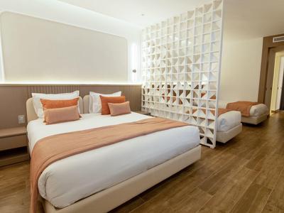 Habitación de hotel moderna con cama doble, suelo de madera y divisor de ambiente decorativo.