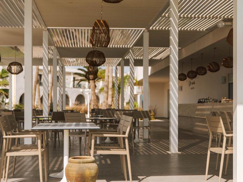 Área exterior moderna de un hotel con mesas, sillas y plantas decorativas a la sombra.