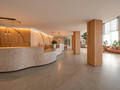 Heller Empfangsbereich mit geschwungener Theke, Holzdetails und großen Fenstern mit Pflanzen.