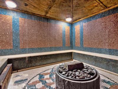 Gemütlicher Saunaraum mit Steinofen und Mosaikfliesen an Wänden und Boden.