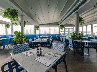 Hell eingerichteter Restaurantbereich mit modernen Tischen, blauen Stühlen und vielen grünen Pflanzen.