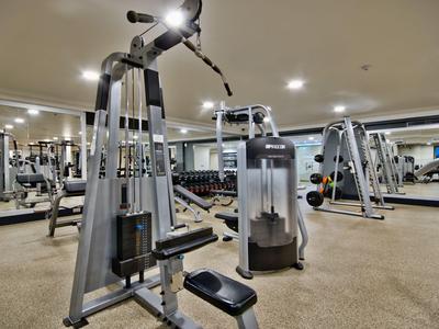 Gimnasio moderno con máquinas de fuerza y espejos en un hotel.