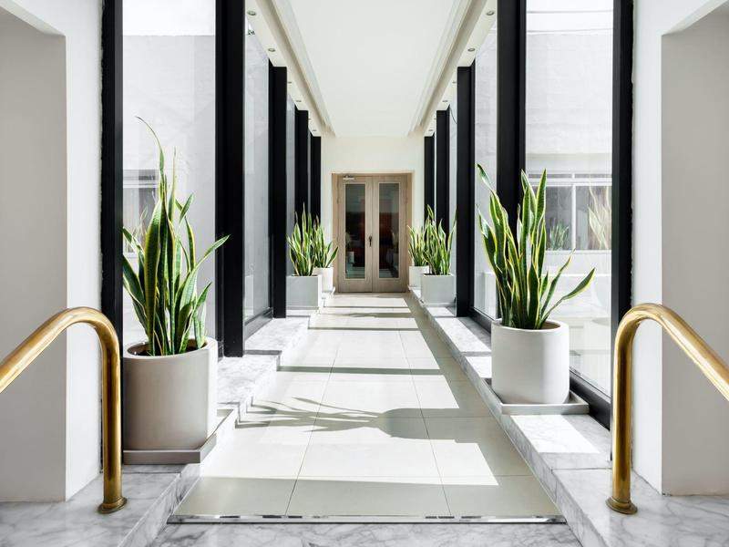 Corridoio d'hotel moderno e luminoso con pareti bianche, grandi piante e corrimano dorati.