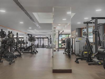 Palestra moderna con varie attrezzature per il fitness e una grande parete a specchio.