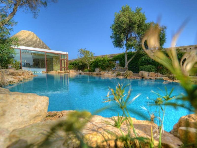 Piscina de lujo con agua clara rodeada de naturaleza y arquitectura moderna bajo un cielo azul.