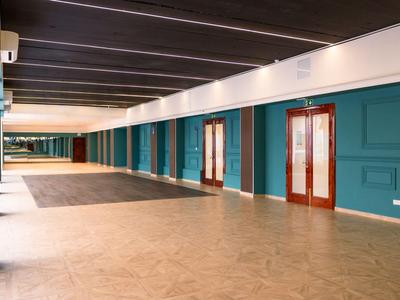 Großer Flur mit Holzböden, grünen Wänden und mehreren Türen mit Glas