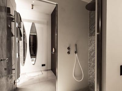 Modernes Badezimmer mit Regendusche, Handdusche und großem ovalem Spiegel.