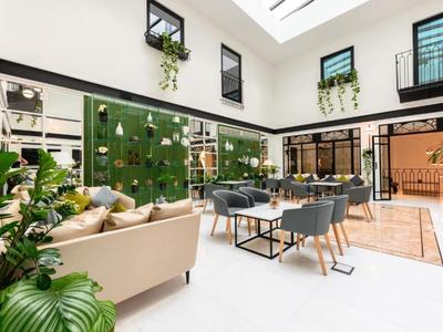 Sala moderna y luminosa con sofás, sillas y plantas en un hotel.