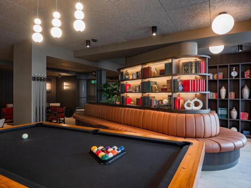 Gemütlicher Lounge-Bereich mit braunem Sofa, Bücherregalen und einem Billardtisch im Vordergrund.