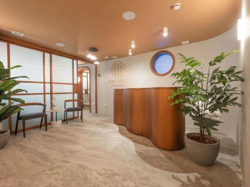 Modern eingerichteter Empfangsbereich mit braunem Empfangstresen, Pflanzen und Stühlen.