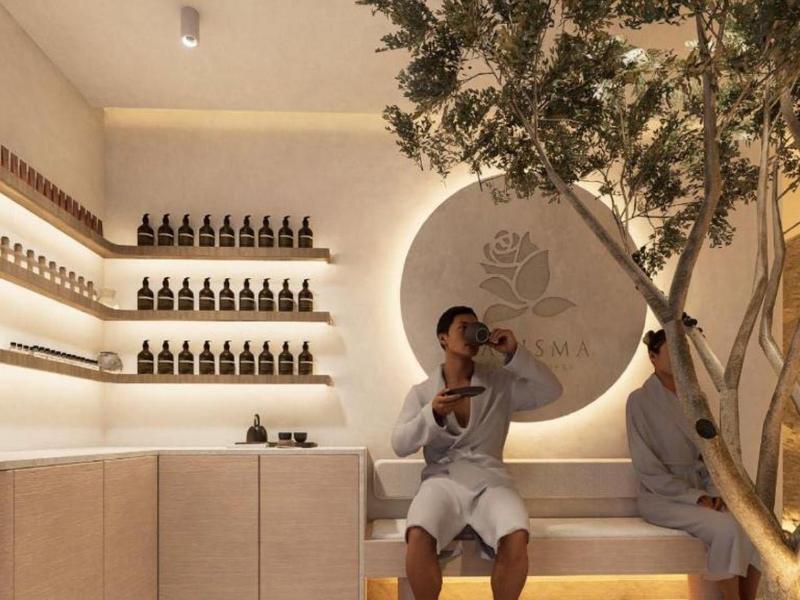 Interior moderno con zona de estar, plantas, estantes decorativos y luz cálida.