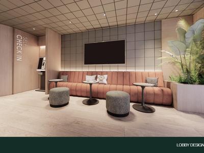 Espace d'attente moderne d'hôtel avec canapé en cuir, tabourets, tables et grande plante.