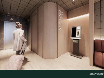 Moderne Hotellobby mit hellem Holz, Sitzbank, Automat und Frau mit Koffer im Flur.