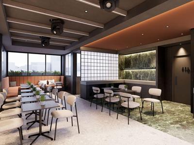 Salle à manger moderne avec des murs lumineux et plusieurs tables et chaises alignées.