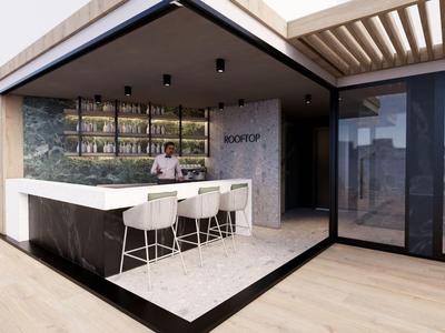 Bar extérieure moderne avec tabourets blancs et terrasse en bois