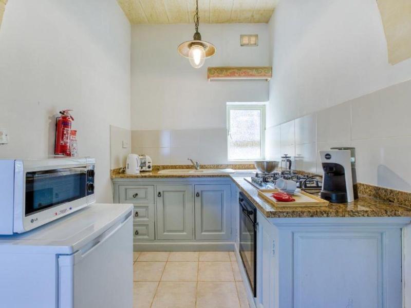 Malá kuchyň s šedými skříňkami, mikrovlnkou, kávovarem a žulovou pracovní deskou.