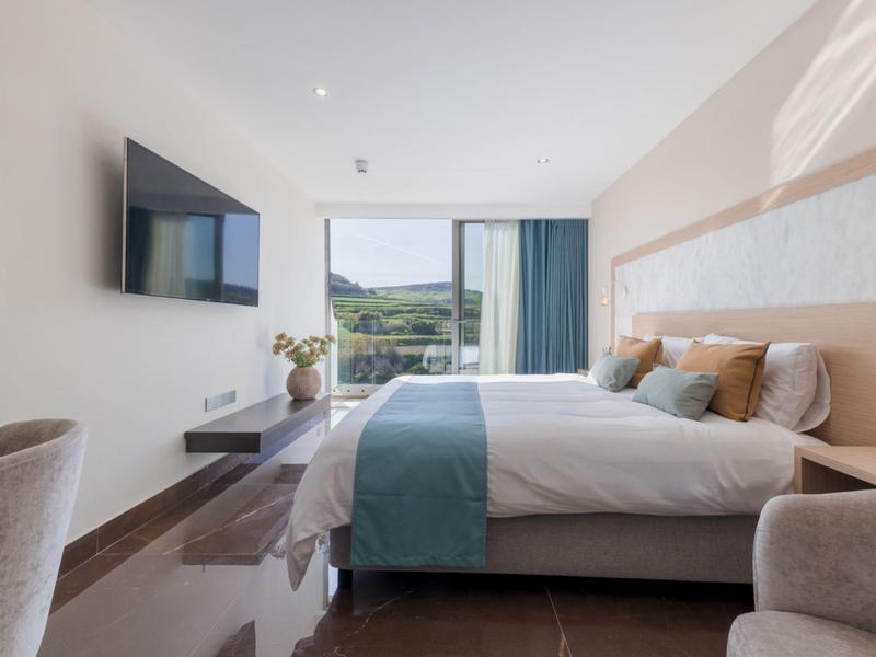 Moderne hotelkamer met groot bed, tv en uitzicht op groene omgeving.