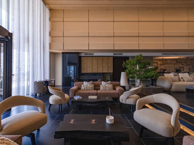 Lounge elegante dell'hotel con poltrone comode, divano e grandi finestre.