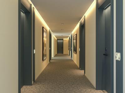 Long couloir d'hôtel moderne avec des portes grises et un sol moquetté.
