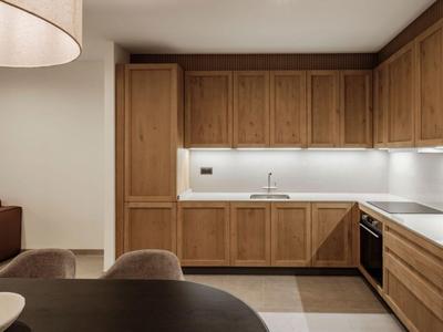 Nowoczesna kuchnia z drewnianymi meblami, wbudowanym zlewem, piekarnikiem i minimalistycznym oświetleniem.