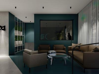 Lounge d'hotel moderna con area salotto, pareti scure e luce naturale da grandi finestre.