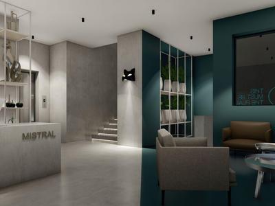 Interno moderno di un hotel con banco reception, area salotto e scale sullo sfondo.