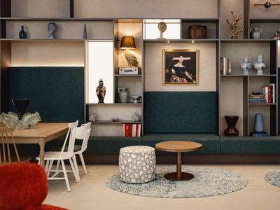 Moderner Wohnbereich mit Regalwand, Esstisch und Sitzgelegenheit in warmen Farben.