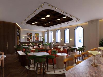 Moderner Hotelbarbereich mit Holzmöbeln, cremefarbenem Teppich und großen Fenstern.