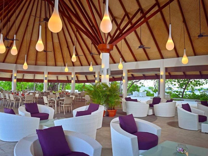 Großer heller Lounge-Bereich mit runden Sesseln, violetten Kissen und hängenden Tropfenlampen unter Holzdecke.