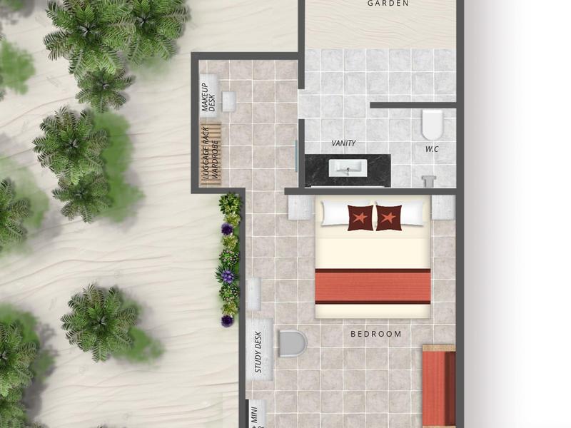 Floor plan of a holiday bungalow with bedroom, bathroom, terrace, and garden area.