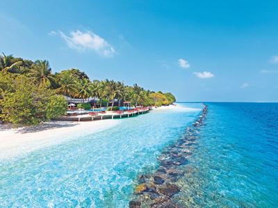 Strand mit weißem Sand, klarem blauem Wasser und grüner Vegetation bei sonnigem Himmel