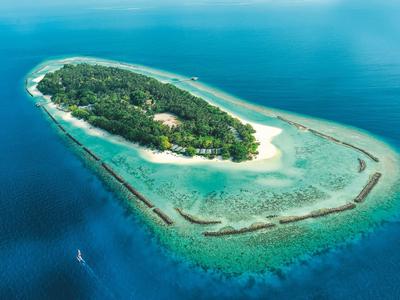 Veduta aerea di una piccola isola tropicale con spiagge sabbiose e vegetazione fitta nel mare turchese.