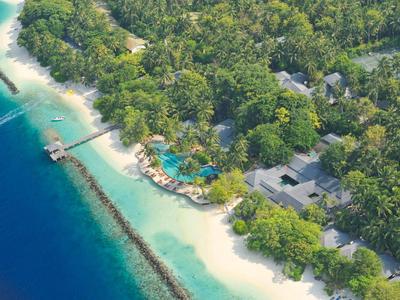 Vista aerea di un'isola tropicale con spiaggia sabbiosa, palme, piscina e molo sul mare.