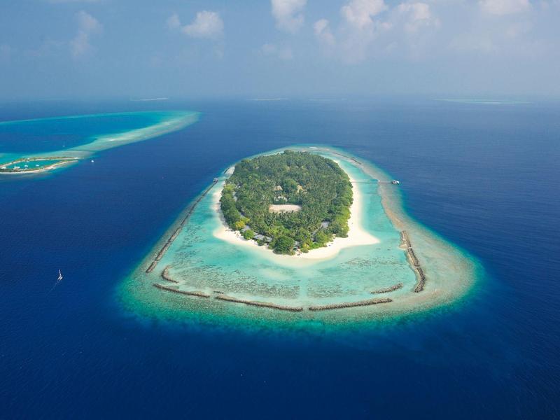 Veduta aerea di una piccola isola a forma di cuore con vegetazione fitta e spiaggia di sabbia bianca nell'oceano azzurro.
