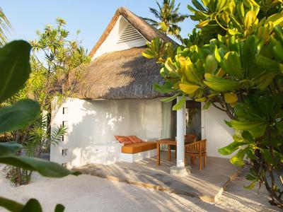 Kleines Haus mit Strohdach, weißer Wand und Holzstühlen, umgeben von grünen Pflanzen.
