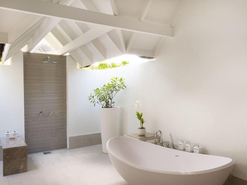 Helles Badezimmer mit freistehender weißer Badewanne, Holztür und großen Pflanzen in Töpfen.