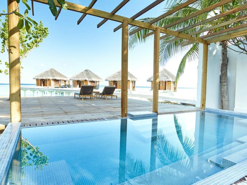 Blauer Pool unter Holzpergola mit grünen Pflanzen, Palmen und Liegestühlen am Strand im Hintergrund.