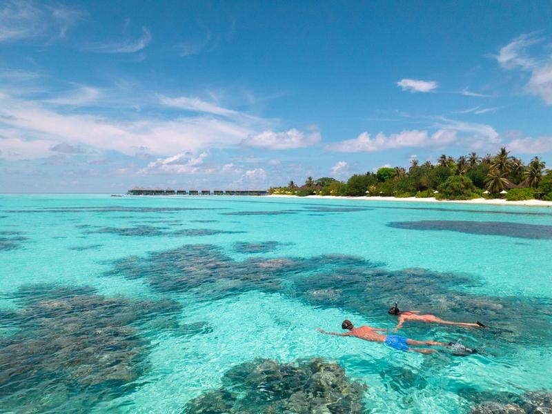 Klares türkisfarbenes Wasser mit Korallenriff und Person beim Schnorcheln vor tropischem Strand.
